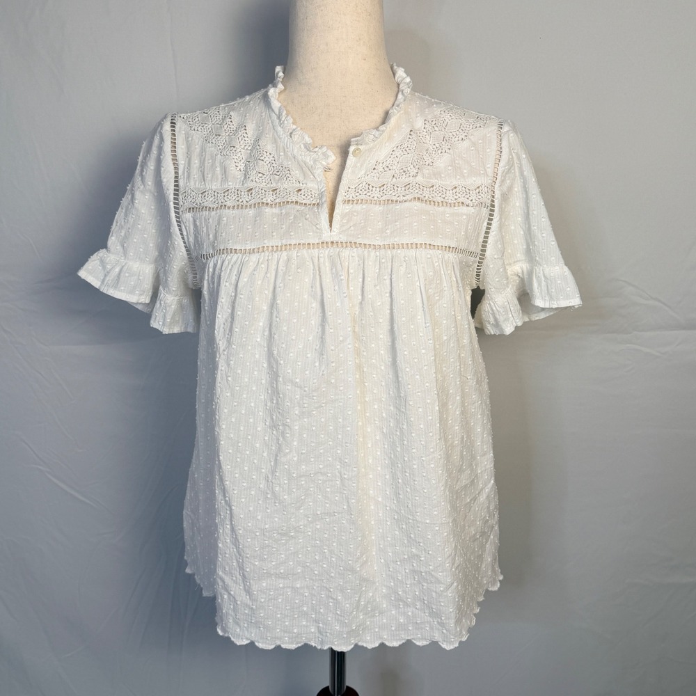 Point Sur J.Crew White Swiss Dot Lace Crochet Ruffle Sleeve Blouse XS cottage